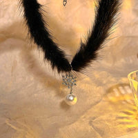 Thumbnail for Chic Rhinestone Inlaid Snowflake Pearl Pendant Plush Chain Choker Necklace - ArtGalleryZen