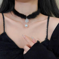 Thumbnail for Chic Rhinestone Inlaid Snowflake Pearl Pendant Plush Chain Choker Necklace - ArtGalleryZen