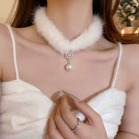 Thumbnail for Chic Rhinestone Inlaid Snowflake Pearl Pendant Plush Chain Choker Necklace - ArtGalleryZen