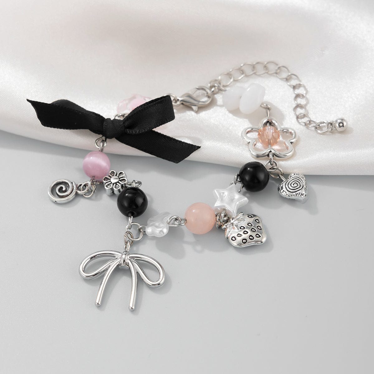 Chic Ribbon Bowknot Strawberry Charm Crystal Chain Bracelet - ArtGalleryZen