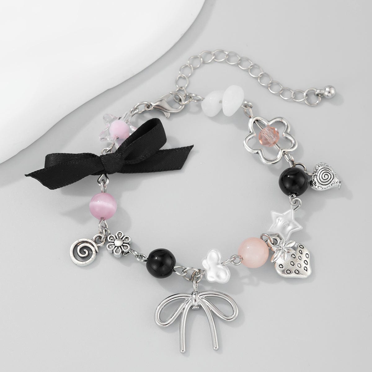 Chic Ribbon Bowknot Strawberry Charm Crystal Chain Bracelet - ArtGalleryZen