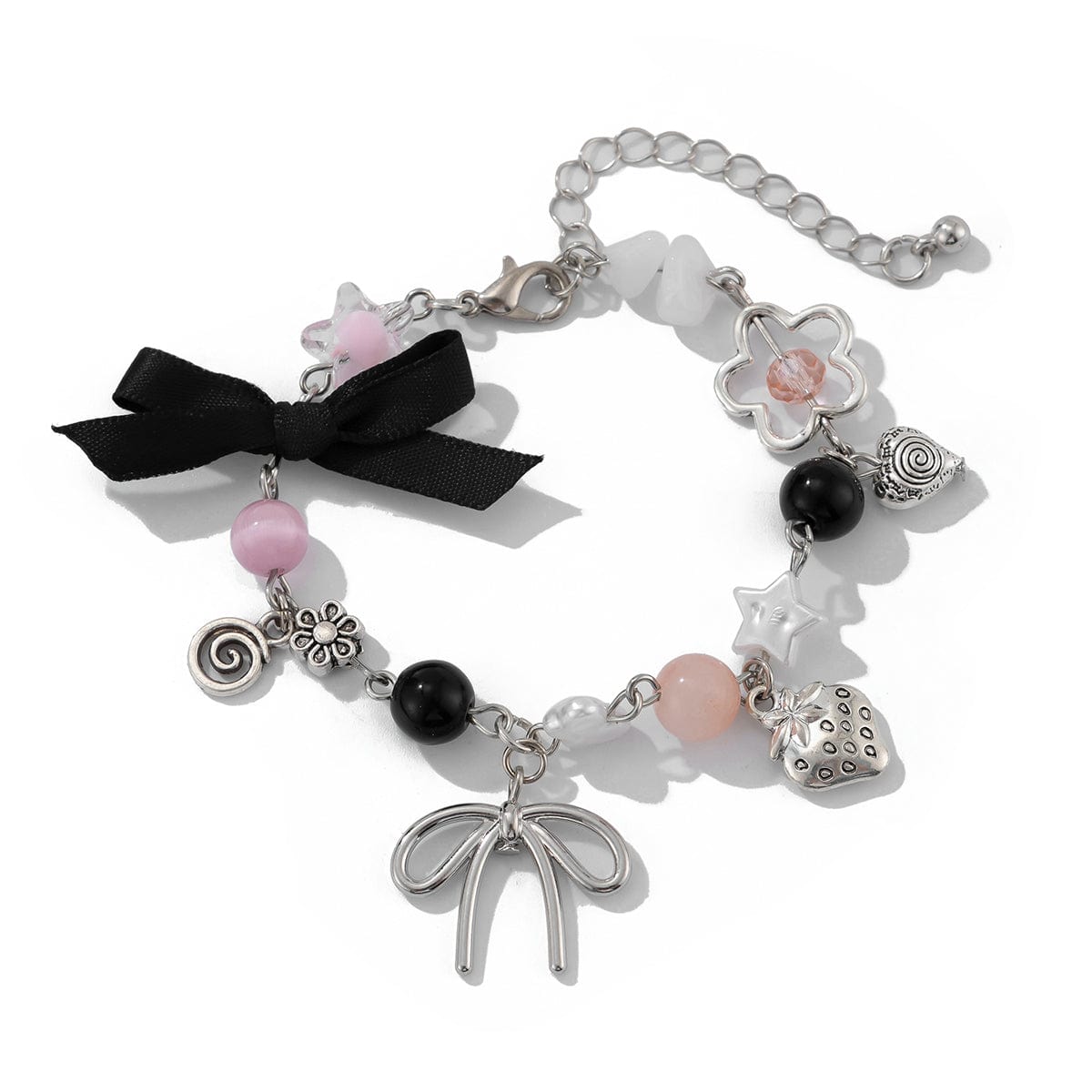 Chic Ribbon Bowknot Strawberry Charm Crystal Chain Bracelet - ArtGalleryZen