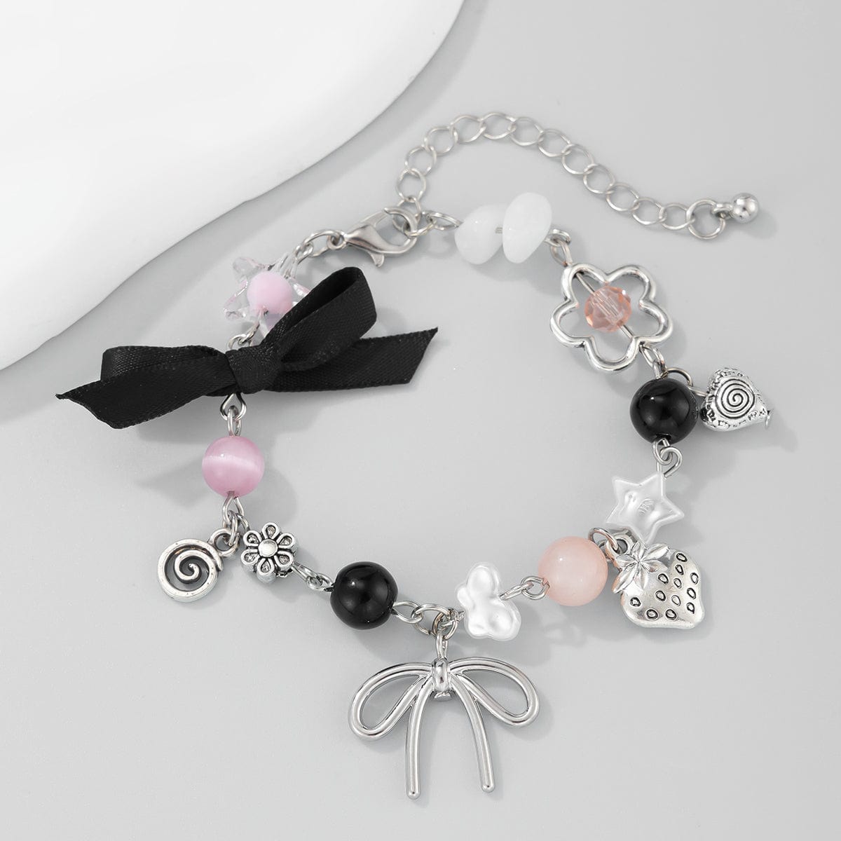 Chic Ribbon Bowknot Strawberry Charm Crystal Chain Bracelet