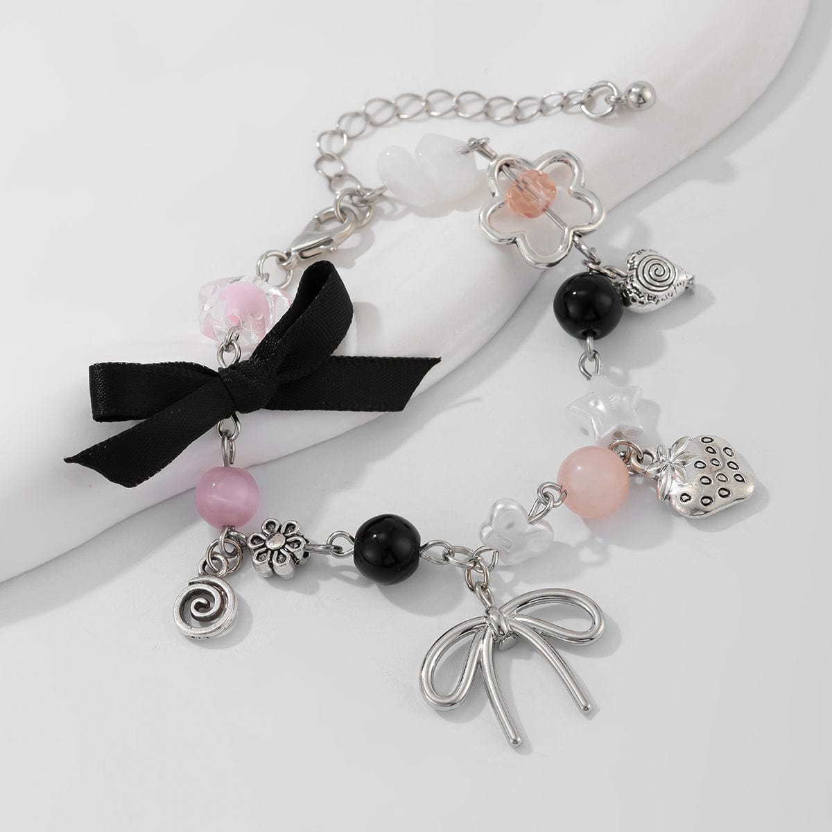 Chic Ribbon Bowknot Strawberry Charm Crystal Chain Bracelet