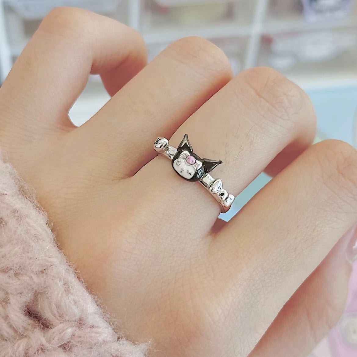 Chic S925 Silver Enamel Sanrio Kuromi Ring