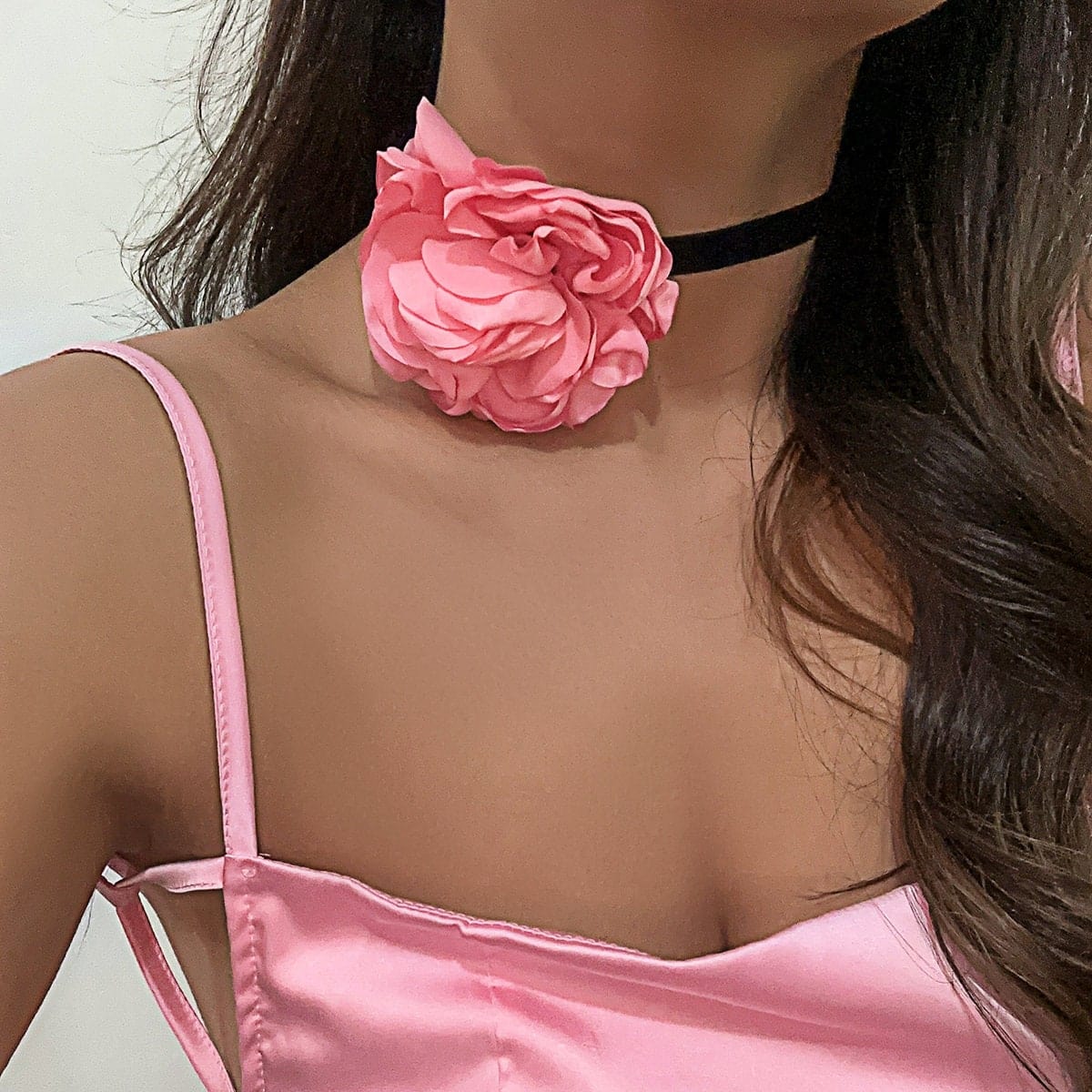 Chic Satin Edging Flower Velvet Fabric Collar Choker - Dark Pink