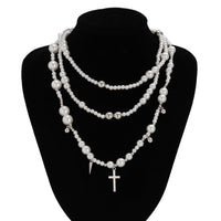 Thumbnail for Chic Silver Plated Cross Pendant Pearl Long Chain Necklace - ArtGalleryZen