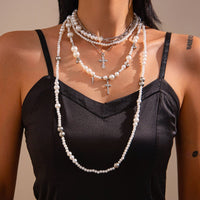 Thumbnail for Chic Silver Plated Cross Pendant Pearl Long Chain Necklace - ArtGalleryZen