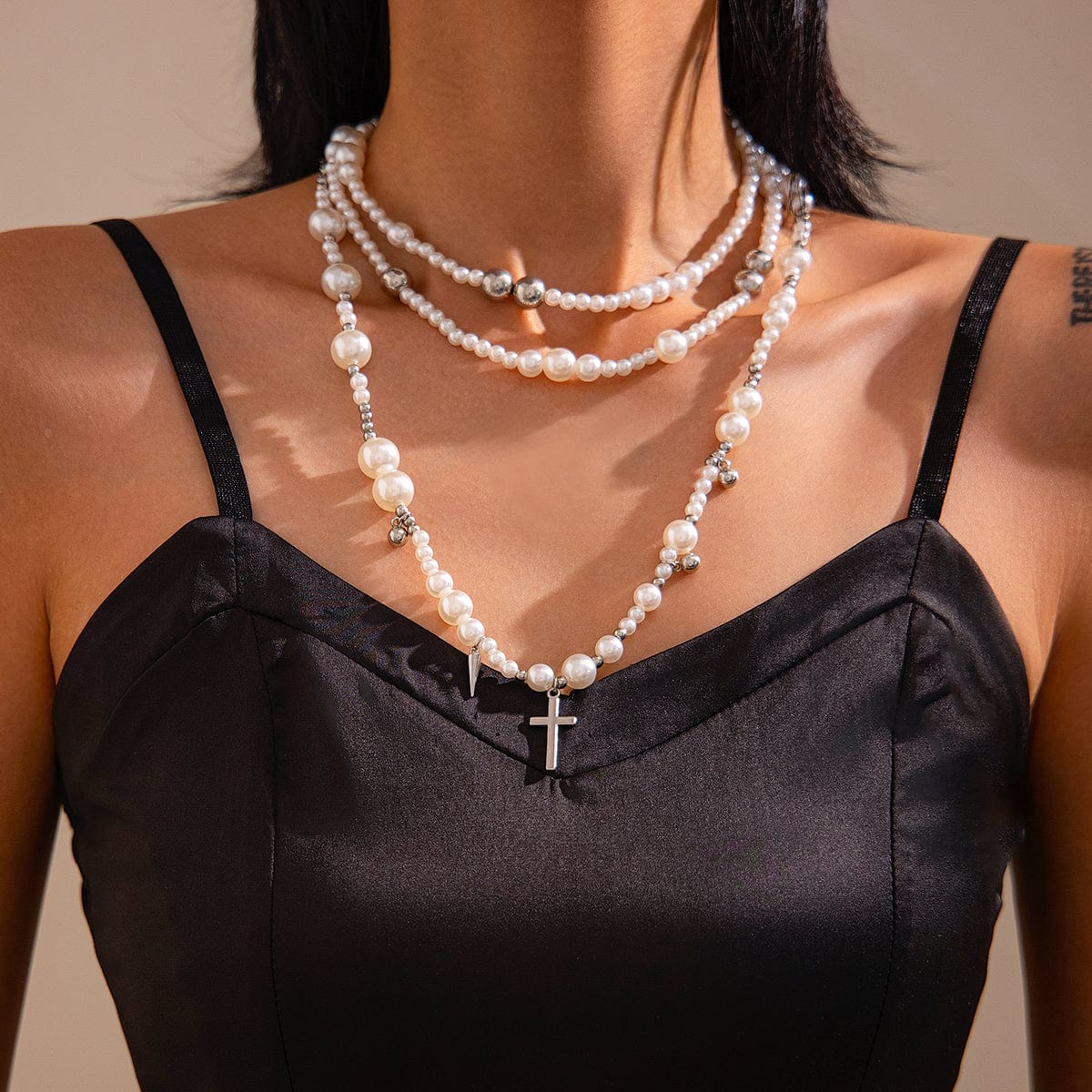 Chic Silver Plated Cross Pendant Pearl Long Chain Necklace