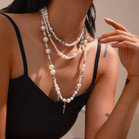 Thumbnail for Chic Silver Plated Cross Pendant Pearl Long Chain Necklace