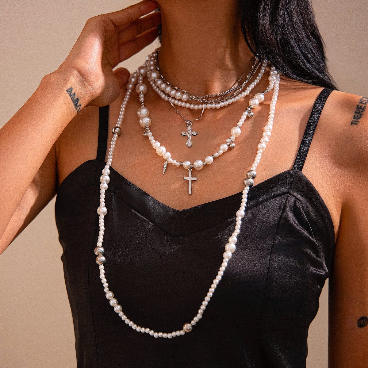 Chic Silver Plated Cross Pendant Pearl Long Chain Necklace