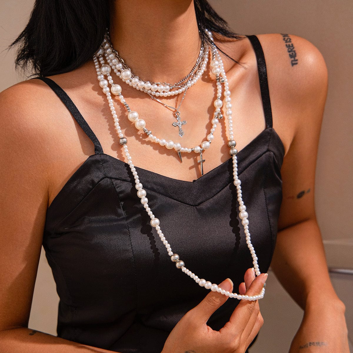 Chic Silver Plated Cross Pendant Pearl Long Chain Necklace