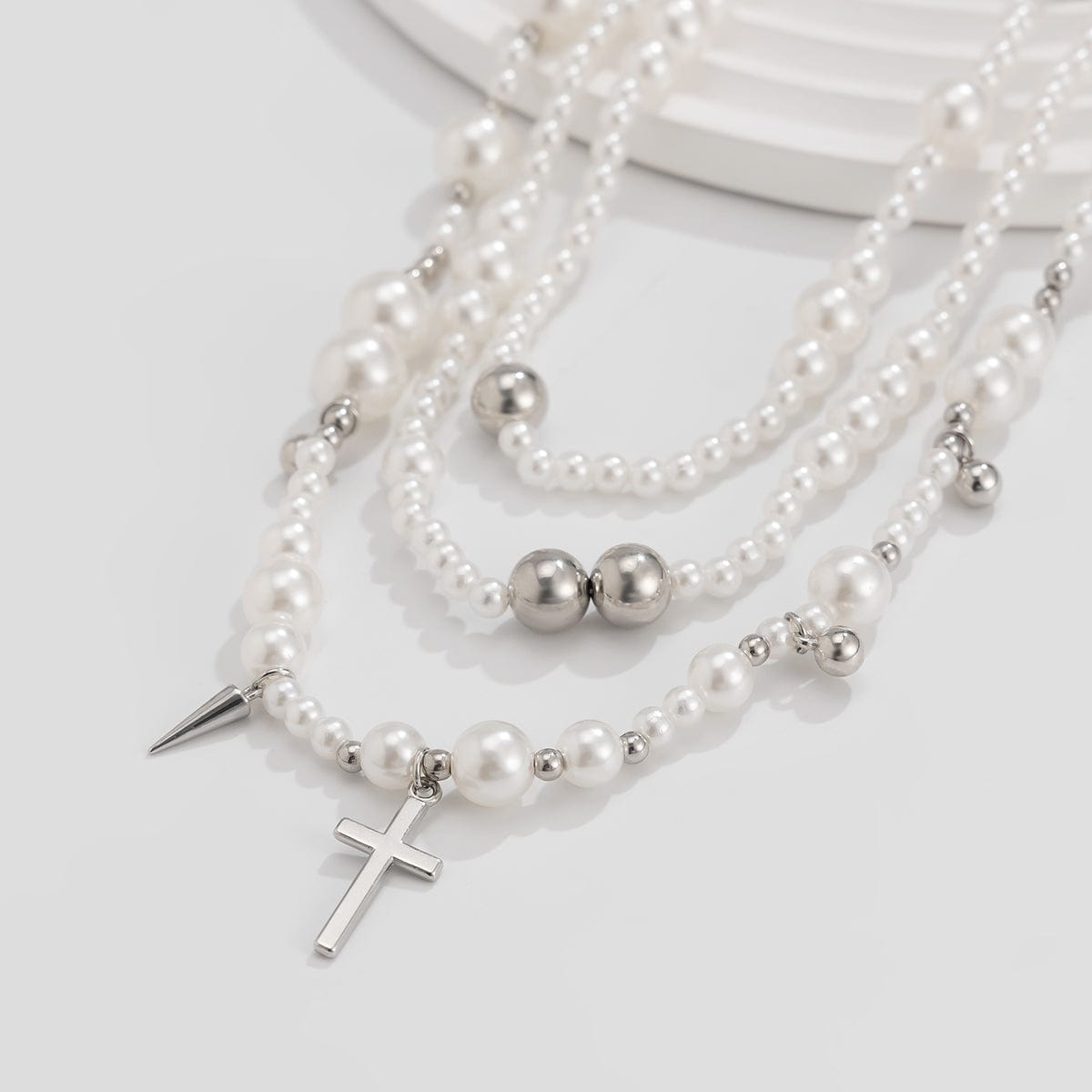 Chic Silver Plated Cross Pendant Pearl Long Chain Necklace