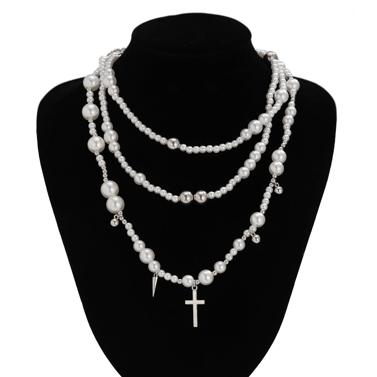 Chic Silver Plated Cross Pendant Pearl Long Chain Necklace