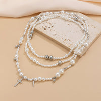 Thumbnail for Chic Silver Plated Cross Pendant Pearl Long Chain Necklace