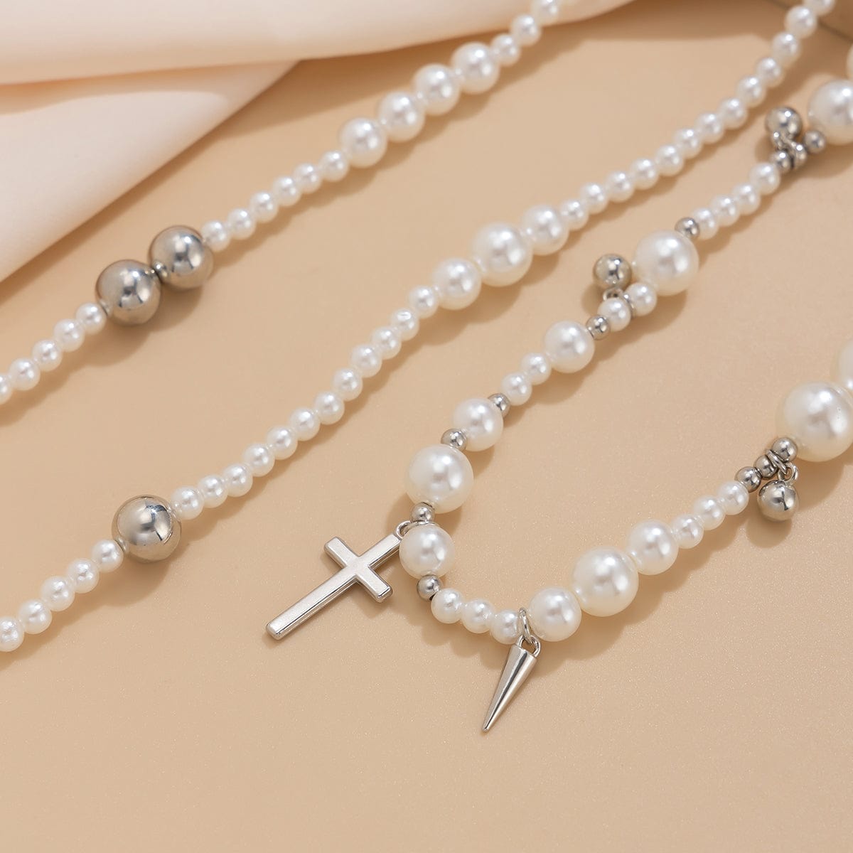 Chic Silver Plated Cross Pendant Pearl Long Chain Necklace