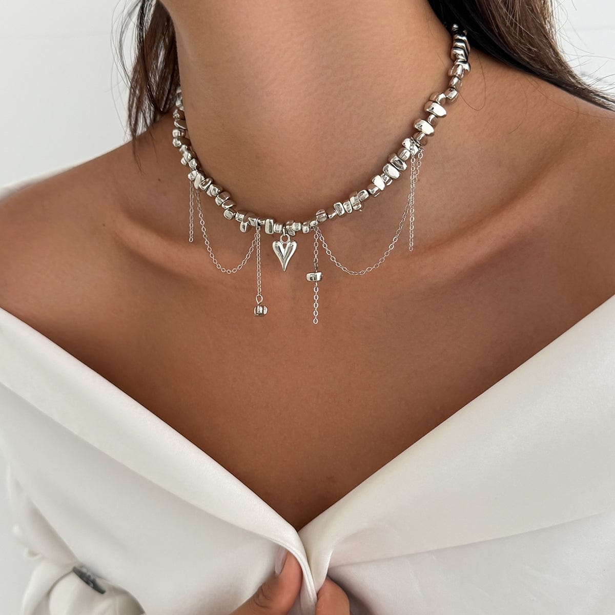Chic Silver Tone Heart Chain Tassel Irregular Beaded Choker Necklace - ArtGalleryZen