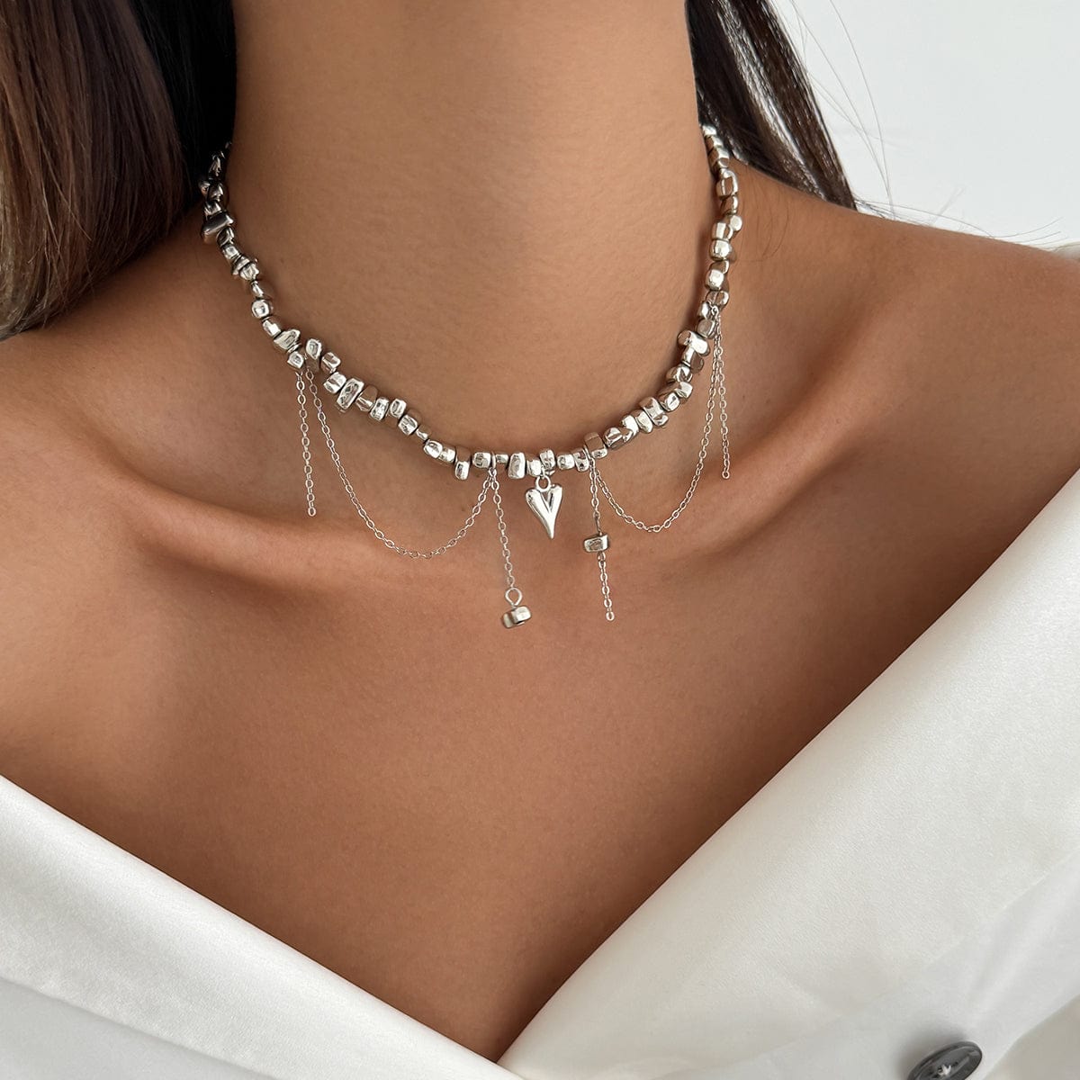 Chic Silver Tone Heart Chain Tassel Irregular Beaded Choker Necklace - ArtGalleryZen