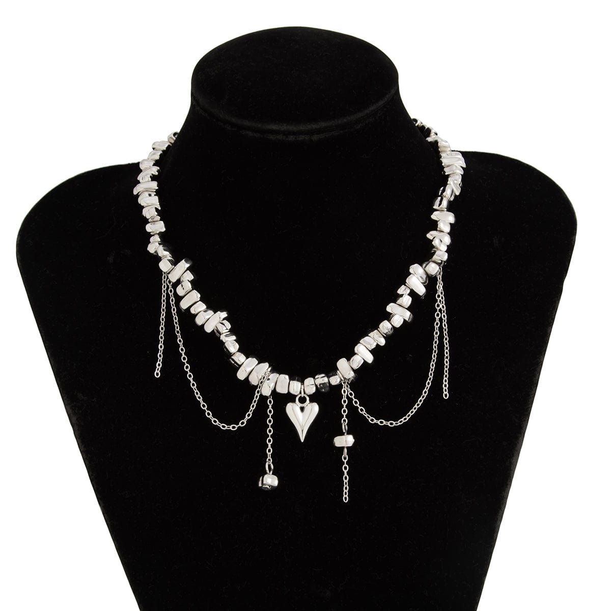Chic Silver Tone Heart Chain Tassel Irregular Beaded Choker Necklace - ArtGalleryZen