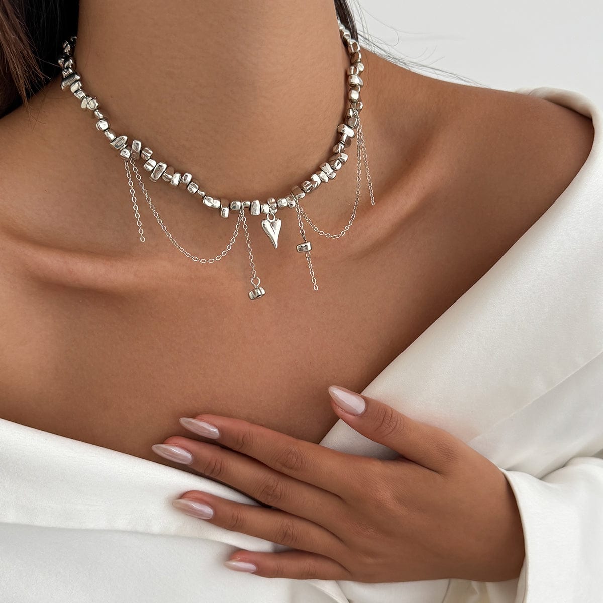 Chic Silver Tone Heart Chain Tassel Irregular Beaded Choker Necklace - ArtGalleryZen