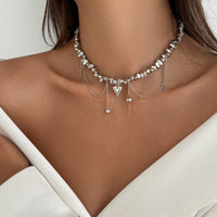 Thumbnail for Chic Silver Tone Heart Chain Tassel Irregular Beaded Choker Necklace - ArtGalleryZen