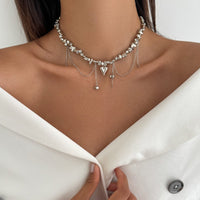 Thumbnail for Chic Silver Tone Heart Chain Tassel Irregular Beaded Choker Necklace - ArtGalleryZen