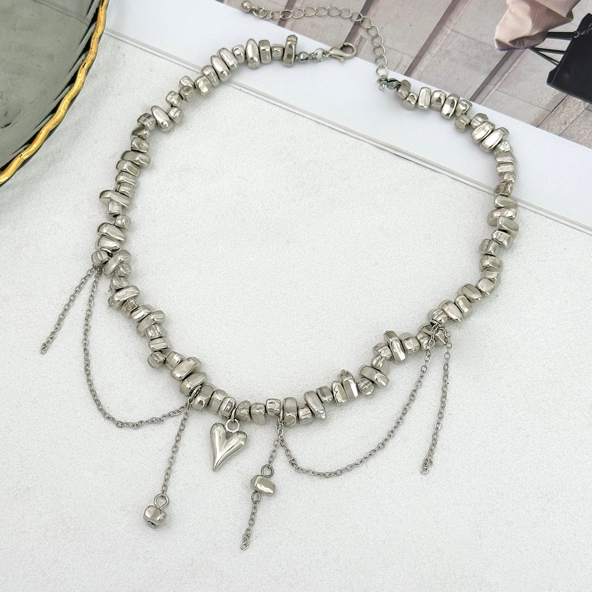 Chic Silver Tone Heart Chain Tassel Irregular Beaded Choker Necklace - ArtGalleryZen