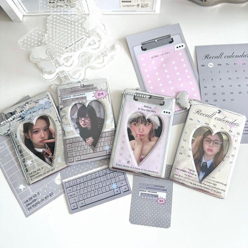 Chic Silver Tone Heart Star Mirror Kpop Keychain Photocard Holder - ArtGalleryZen