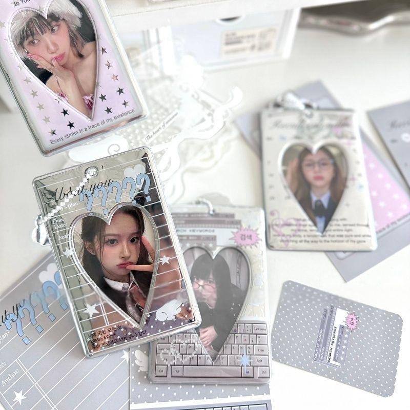 Chic Silver Tone Heart Star Mirror Kpop Keychain Photocard Holder - ArtGalleryZen