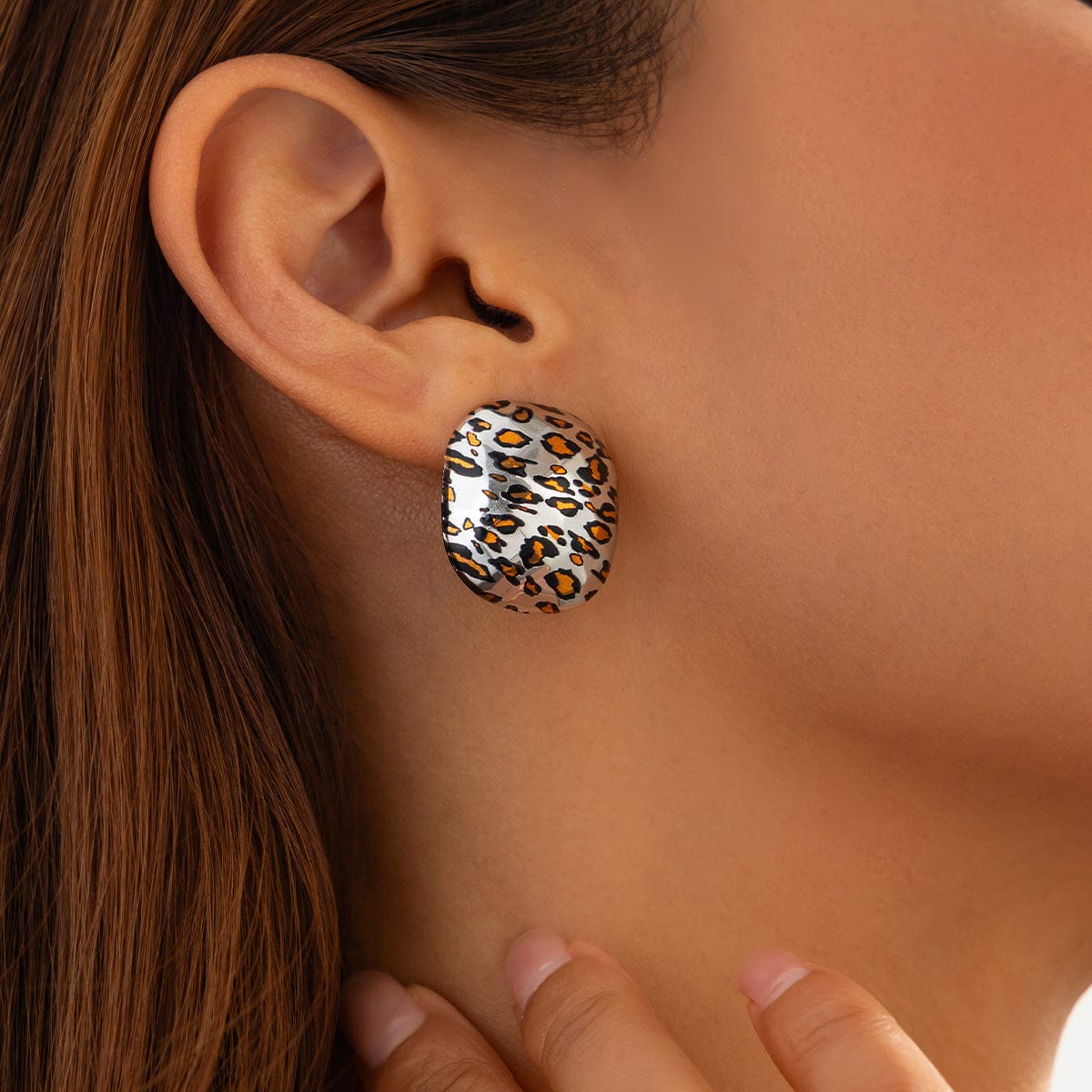 Chic Silver Tone Leopard Square Stud Earrings