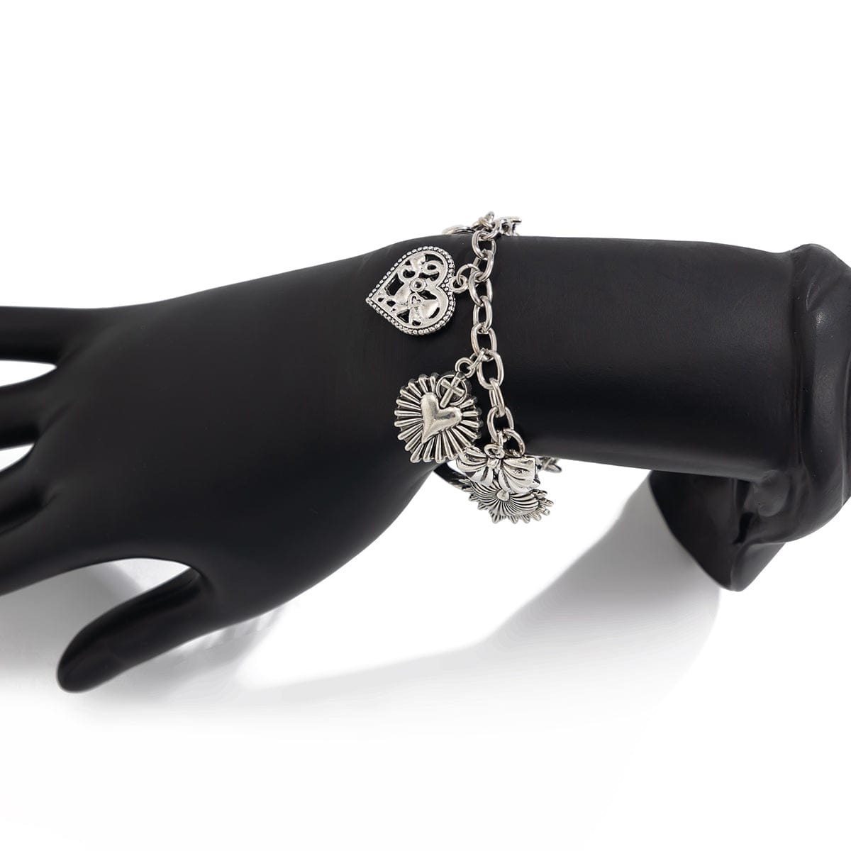 Chic Silver Tone Pattern Heart Bowknot Pendant Bracelet - ArtGalleryZen