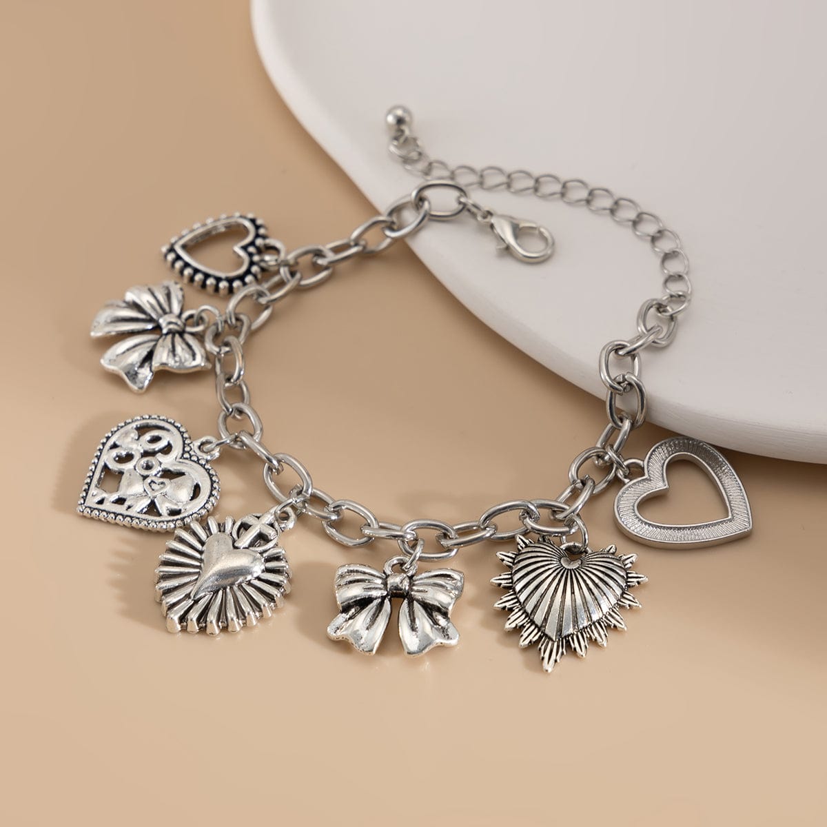 Chic Silver Tone Pattern Heart Bowknot Pendant Bracelet - ArtGalleryZen