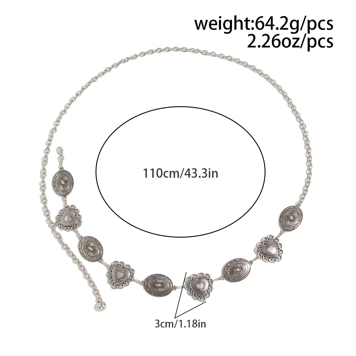 Chic Silver Tone Pattern Heart Oval Waist Chain - ArtGalleryZen