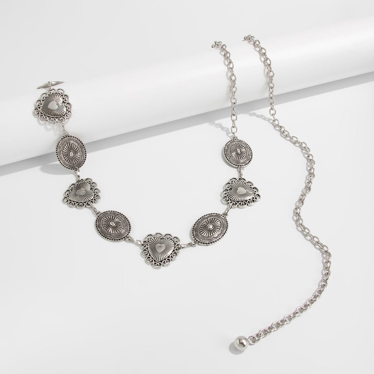 Chic Silver Tone Pattern Heart Oval Waist Chain - ArtGalleryZen