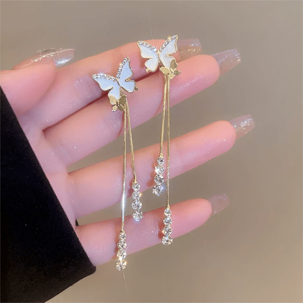 Chic Sparkling CZ Inlaid Enamel Butterfly Rhinestone Tassel Earrings - ArtGalleryZen