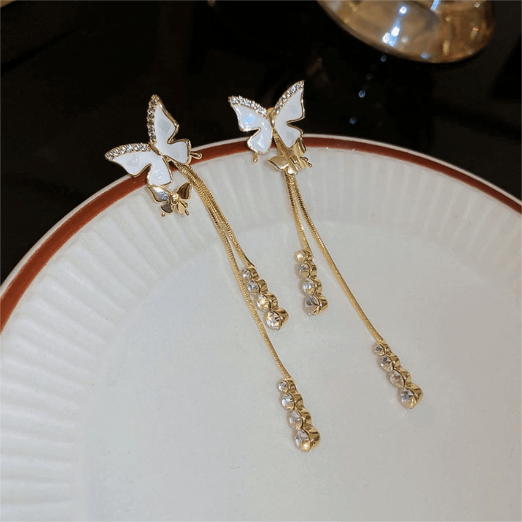 Chic Sparkling CZ Inlaid Enamel Butterfly Rhinestone Tassel Earrings - ArtGalleryZen