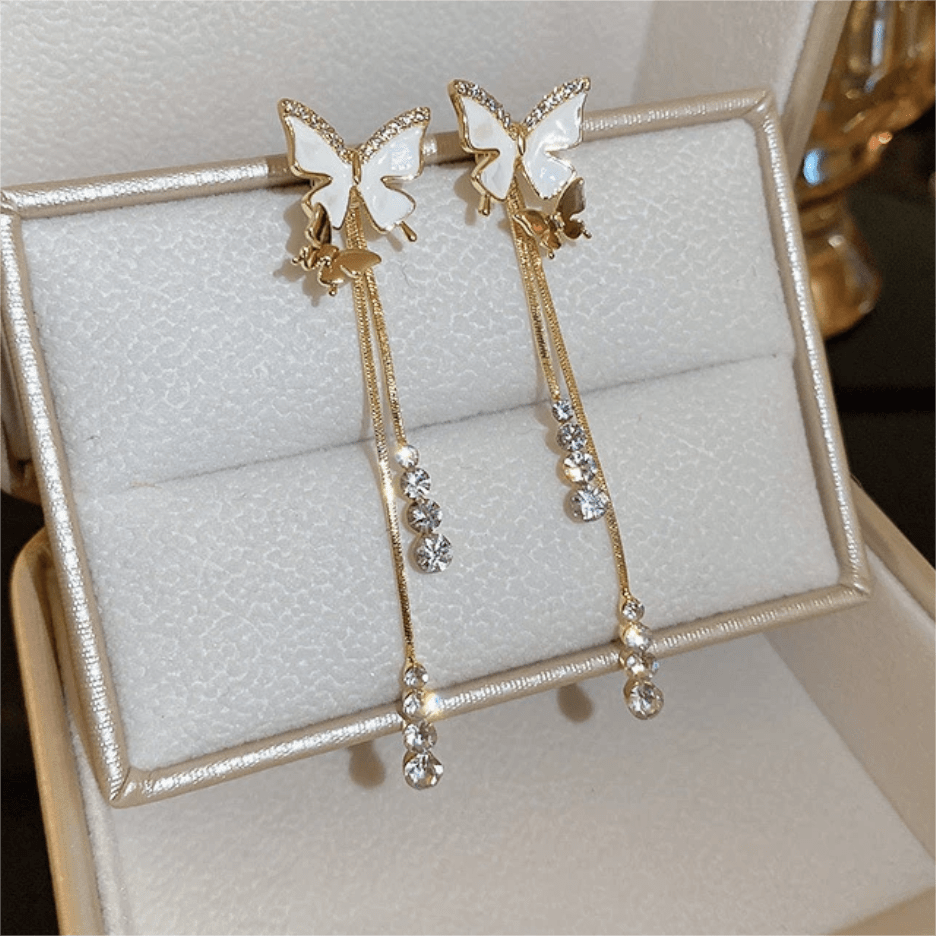 Chic Sparkling CZ Inlaid Enamel Butterfly Rhinestone Tassel Earrings - ArtGalleryZen