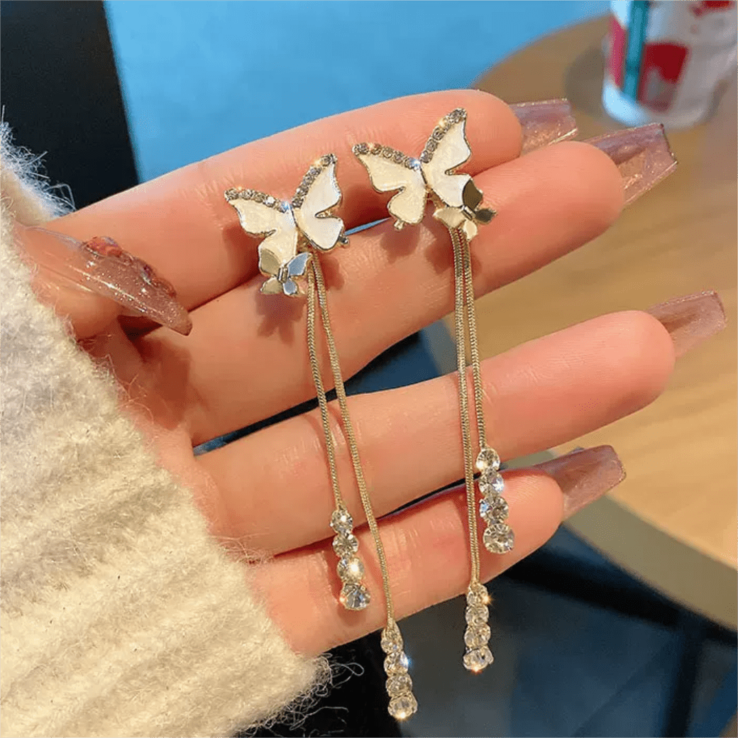 Chic Sparkling CZ Inlaid Enamel Butterfly Rhinestone Tassel Earrings - ArtGalleryZen