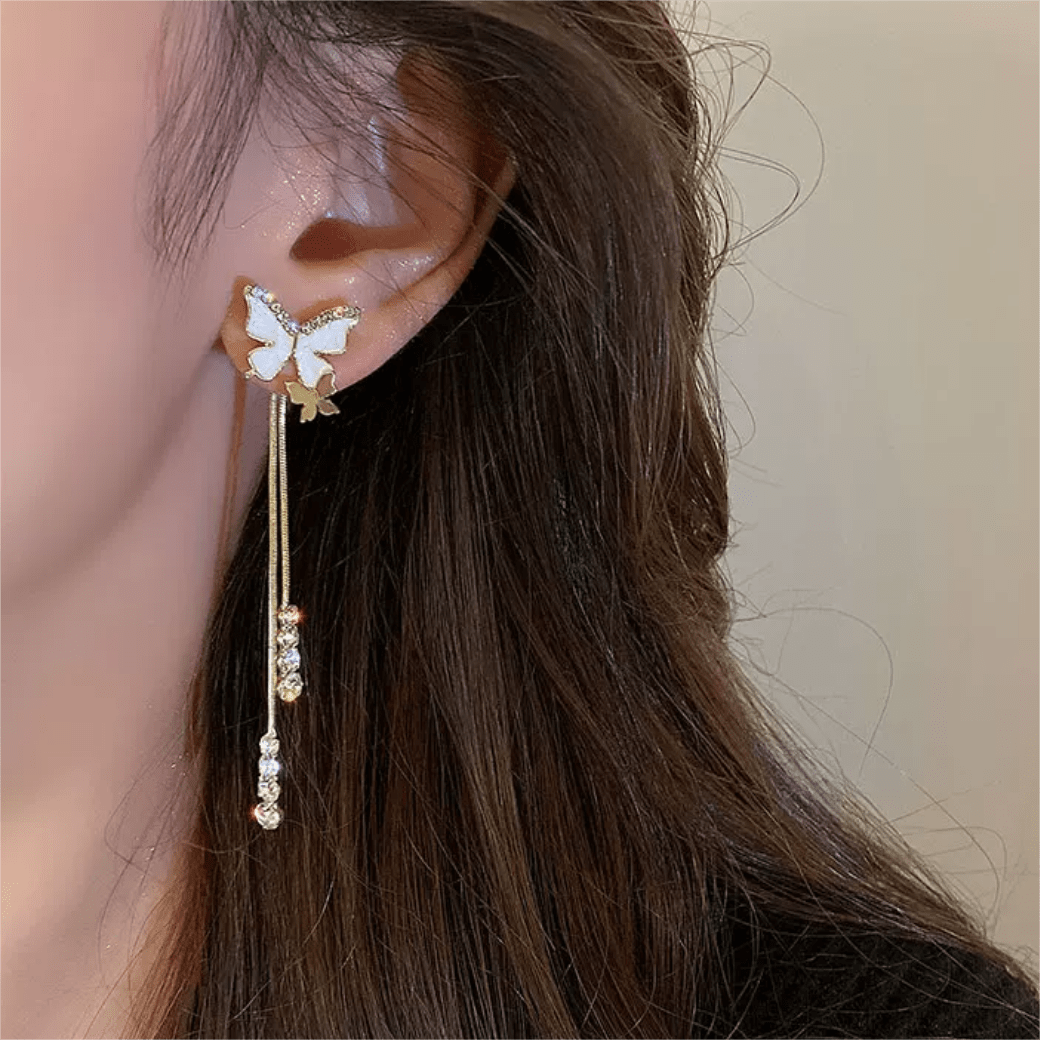 Chic Sparkling CZ Inlaid Enamel Butterfly Rhinestone Tassel Earrings - ArtGalleryZen