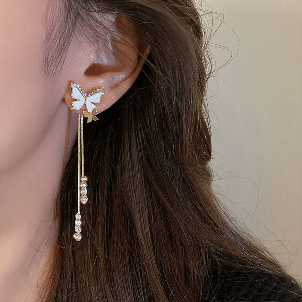 Chic Sparkling CZ Inlaid Enamel Butterfly Rhinestone Tassel Earrings