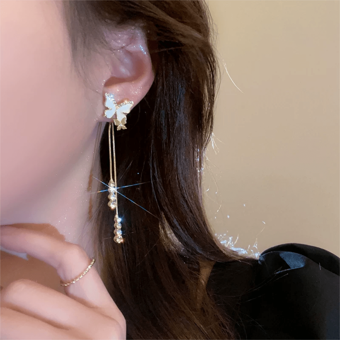 Chic Sparkling CZ Inlaid Enamel Butterfly Rhinestone Tassel Earrings