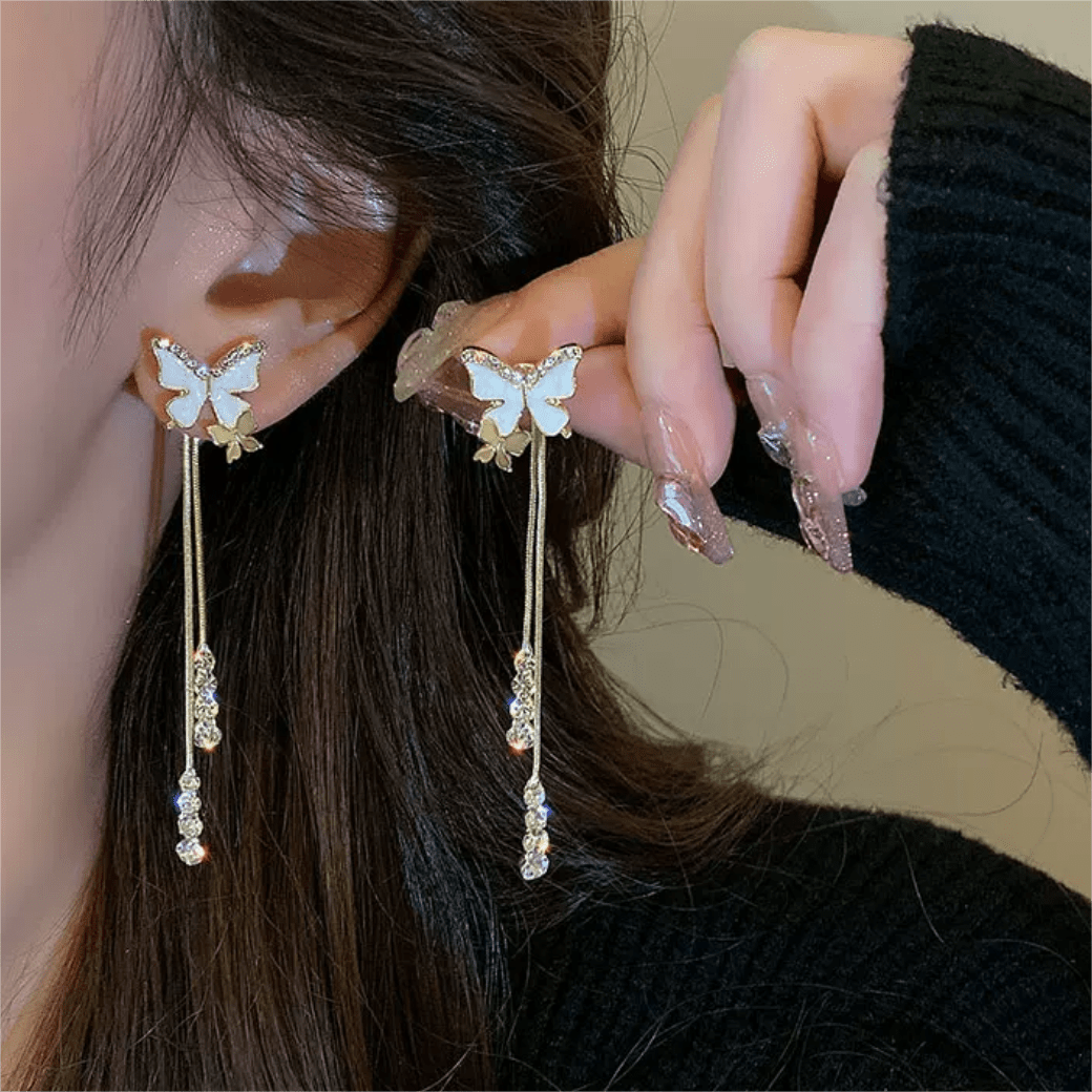 Chic Sparkling CZ Inlaid Enamel Butterfly Rhinestone Tassel Earrings