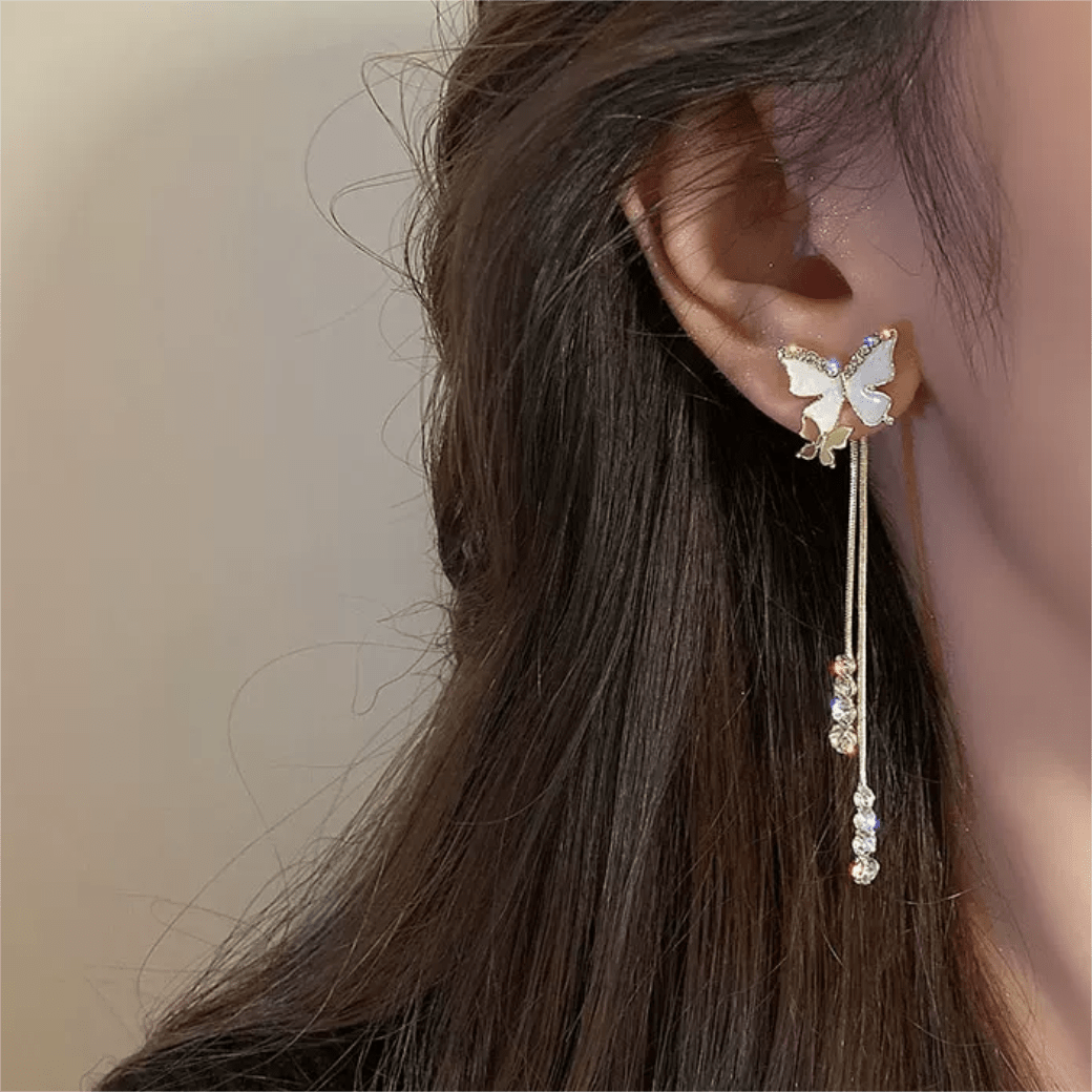 Chic Sparkling CZ Inlaid Enamel Butterfly Rhinestone Tassel Earrings