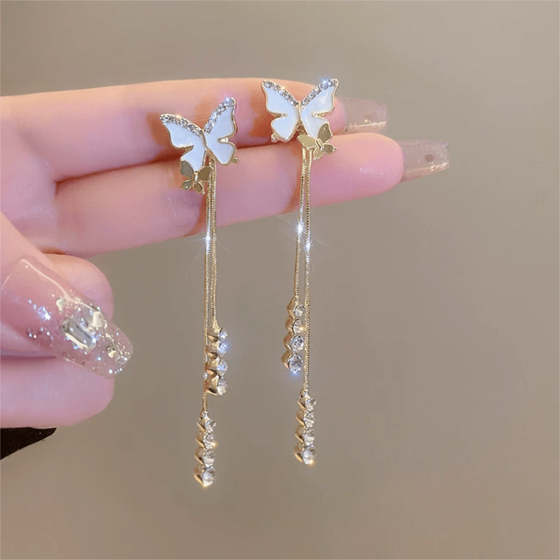 Chic Sparkling CZ Inlaid Enamel Butterfly Rhinestone Tassel Earrings