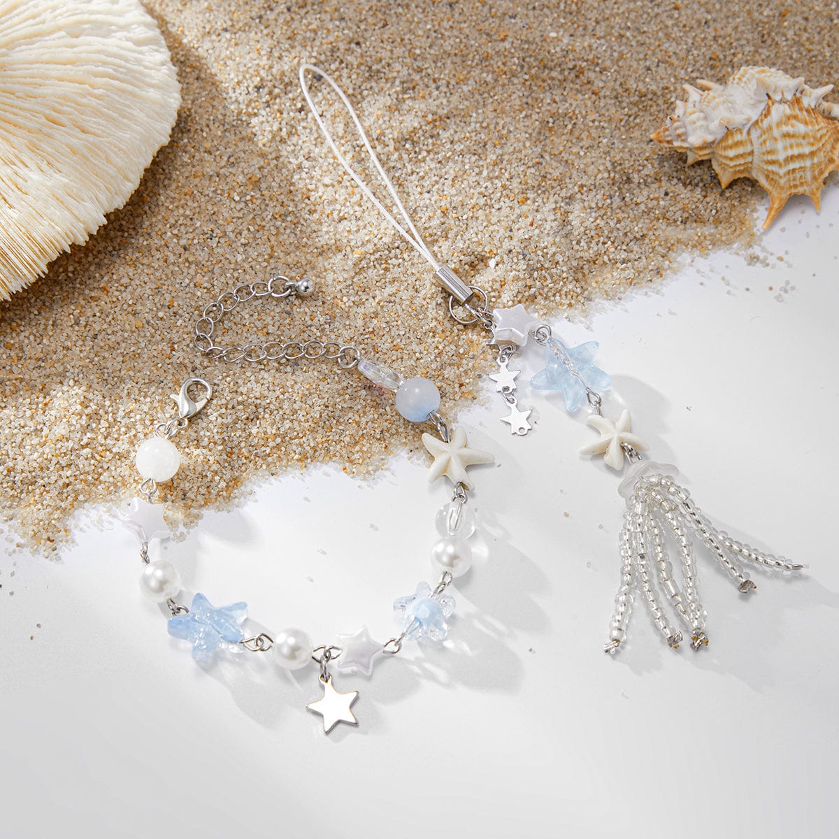 Chic Star Charm Pearl Crystal Beaded Bracelet Keychain Phone Strap Set - ArtGalleryZen