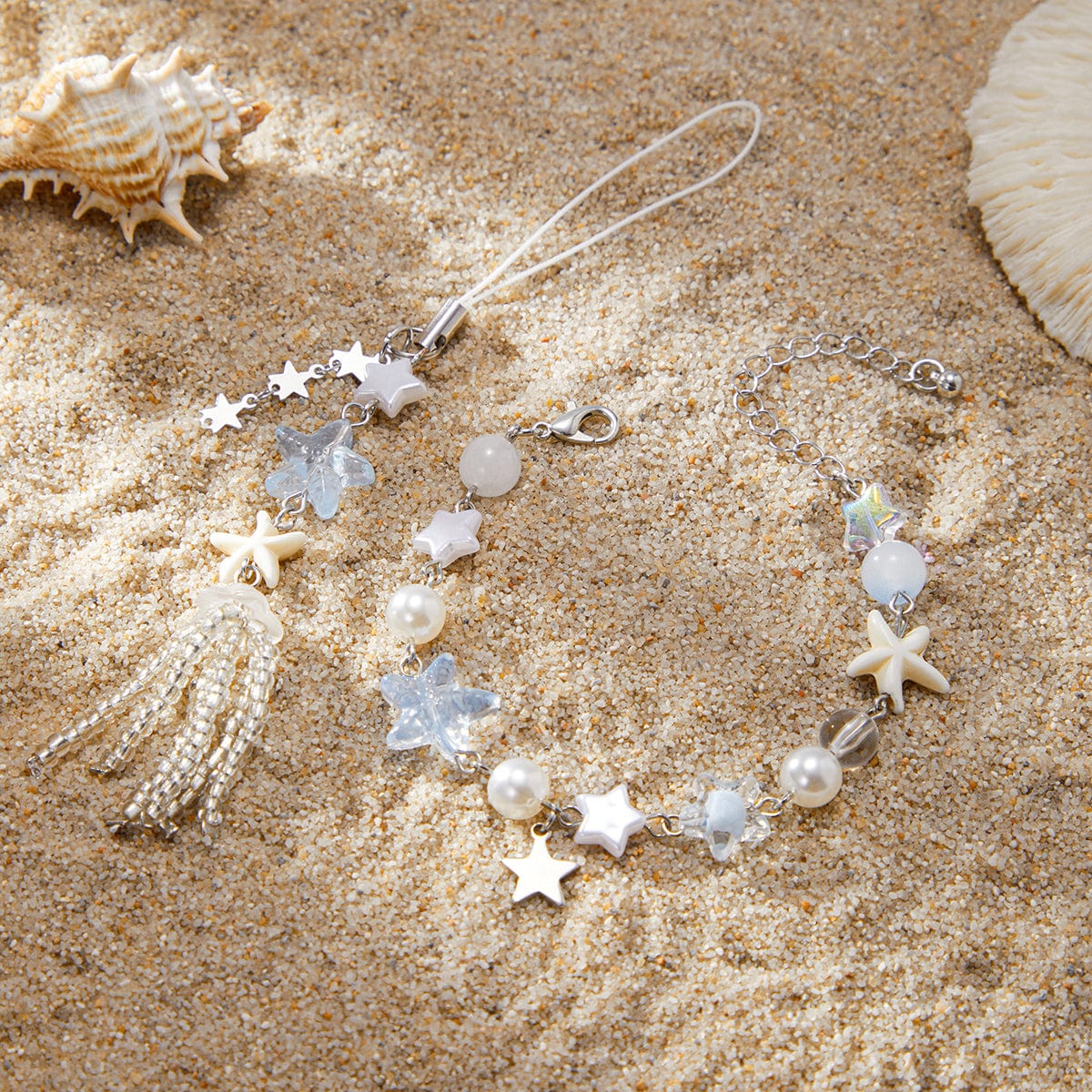 Chic Star Charm Pearl Crystal Beaded Bracelet Keychain Phone Strap Set - ArtGalleryZen