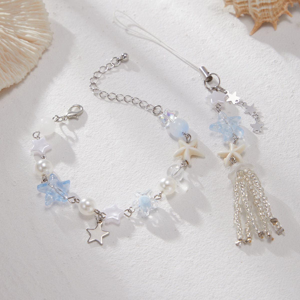 Chic Star Charm Pearl Crystal Beaded Bracelet Keychain Phone Strap Set - ArtGalleryZen
