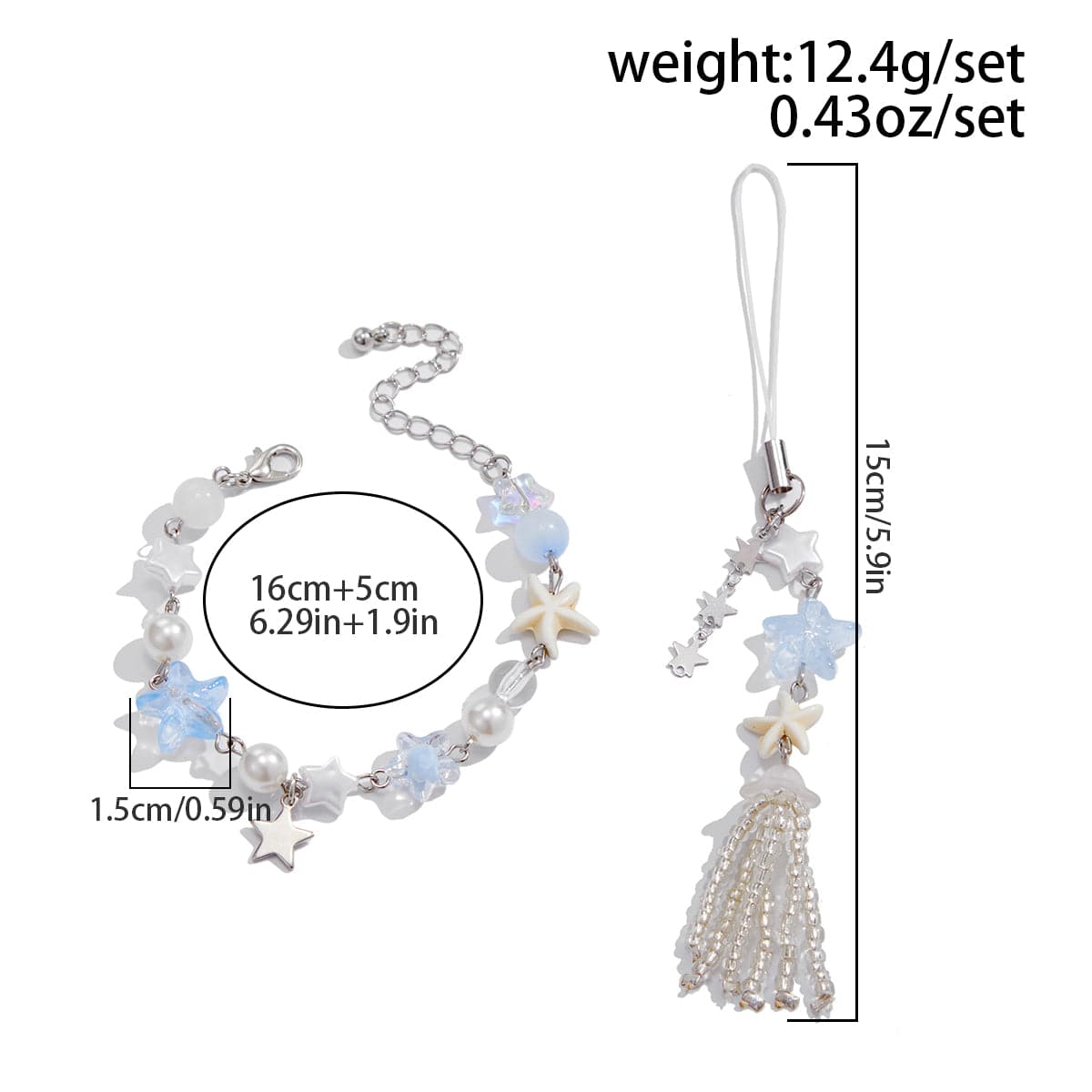 Chic Star Charm Pearl Crystal Beaded Bracelet Keychain Phone Strap Set - ArtGalleryZen
