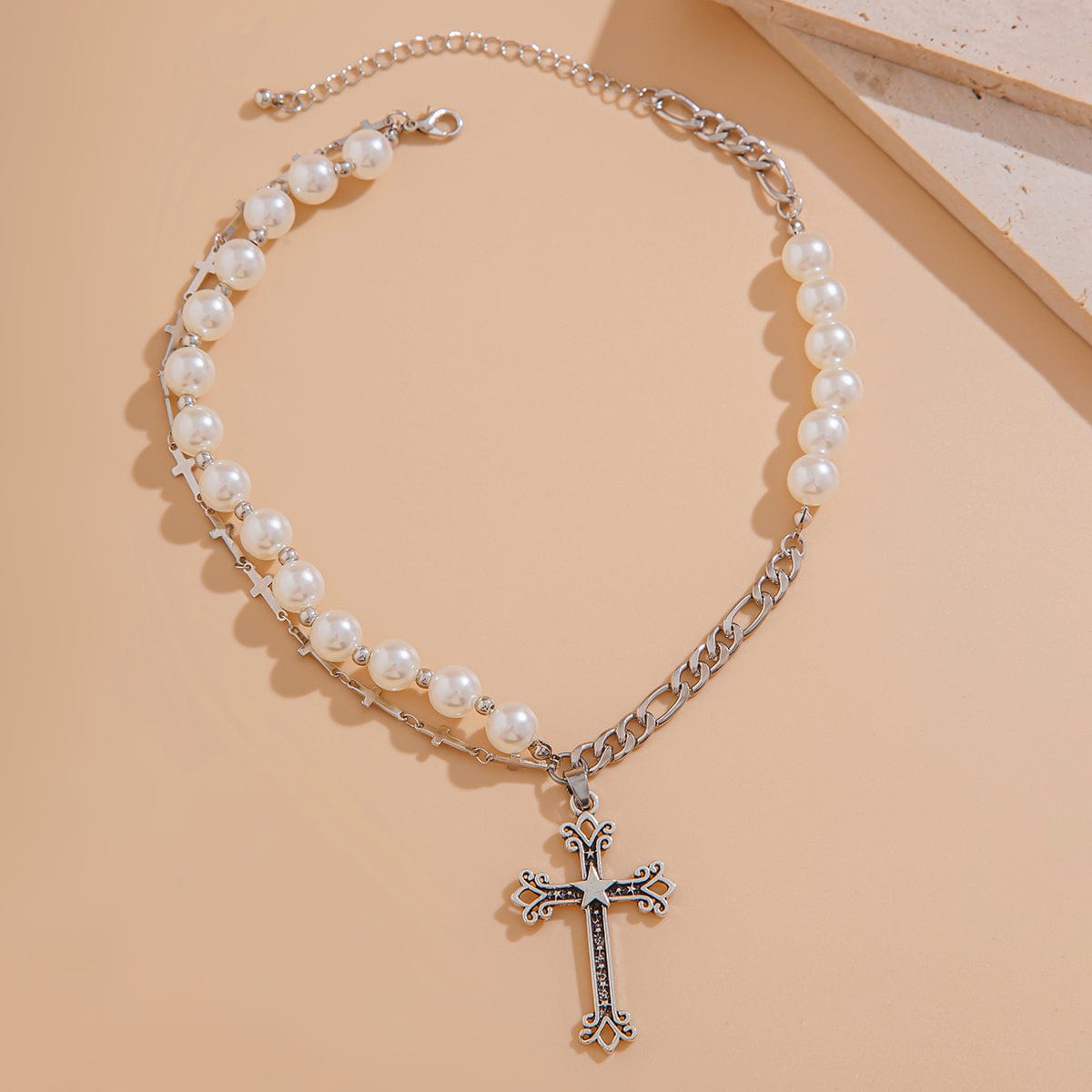 Chic Star Cross Pendant Pearl Chain Choker Necklace