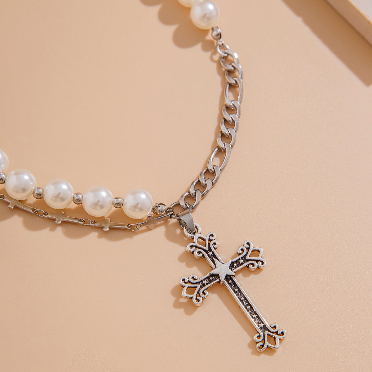 Chic Star Cross Pendant Pearl Chain Choker Necklace